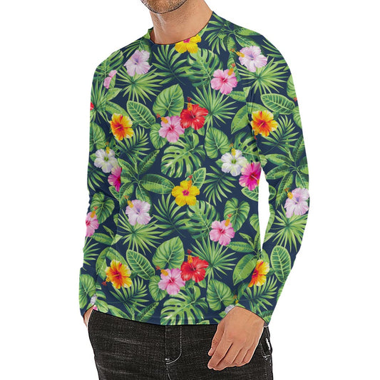 Tropical Hibiscus Flowers Pattern Print Men's Long Sleeve Rash Guard