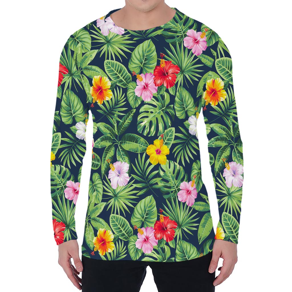Tropical Hibiscus Flowers Pattern Print Men's Long Sleeve T-Shirt