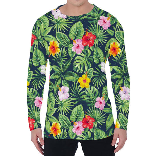 Tropical Hibiscus Flowers Pattern Print Men's Long Sleeve T-Shirt