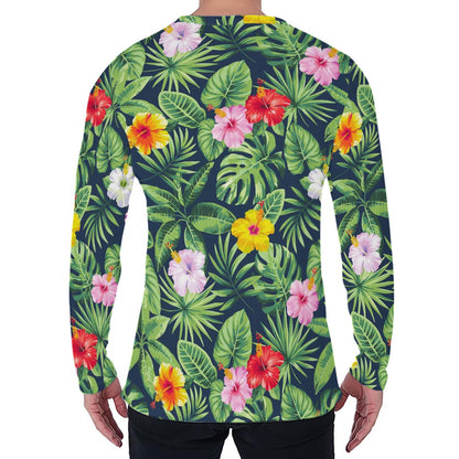 Tropical Hibiscus Flowers Pattern Print Men's Long Sleeve T-Shirt