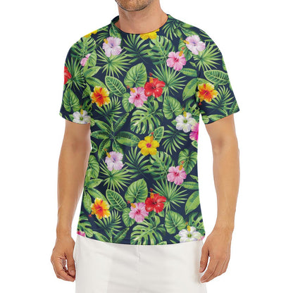Tropical Hibiscus Flowers Pattern Print Men's Short Sleeve Rash Guard
