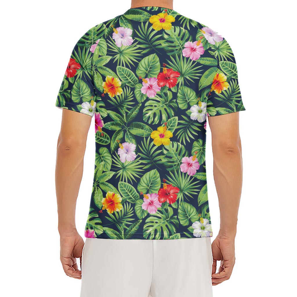 Tropical Hibiscus Flowers Pattern Print Men's Short Sleeve Rash Guard