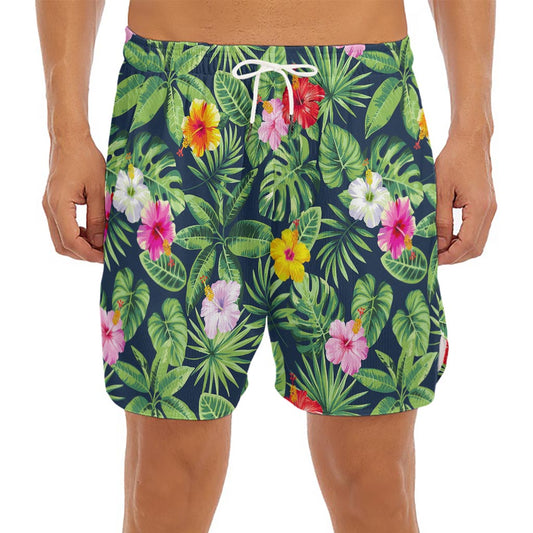 Tropical Hibiscus Flowers Pattern Print Men's Split Running Shorts