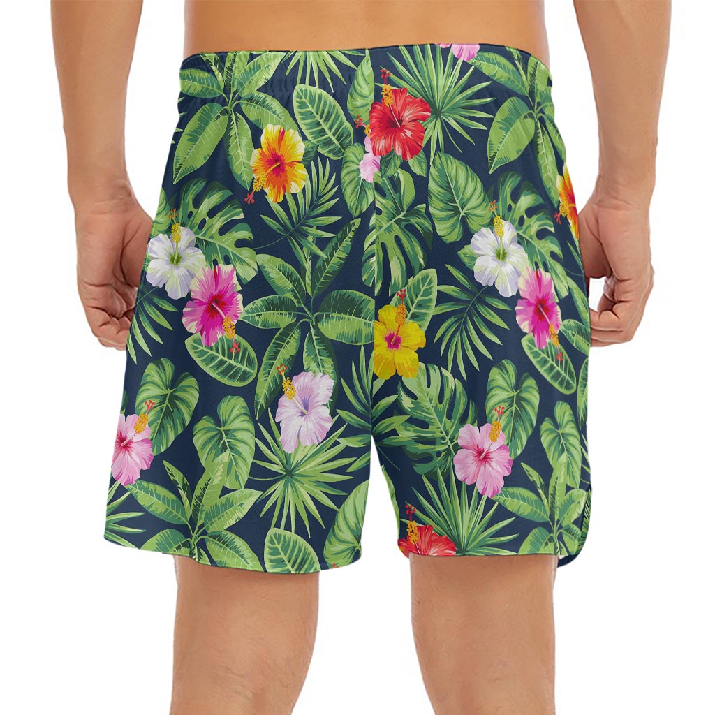 Tropical Hibiscus Flowers Pattern Print Men's Split Running Shorts