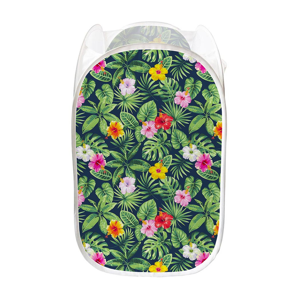 Tropical Hibiscus Flowers Pattern Print Mesh Laundry Hamper
