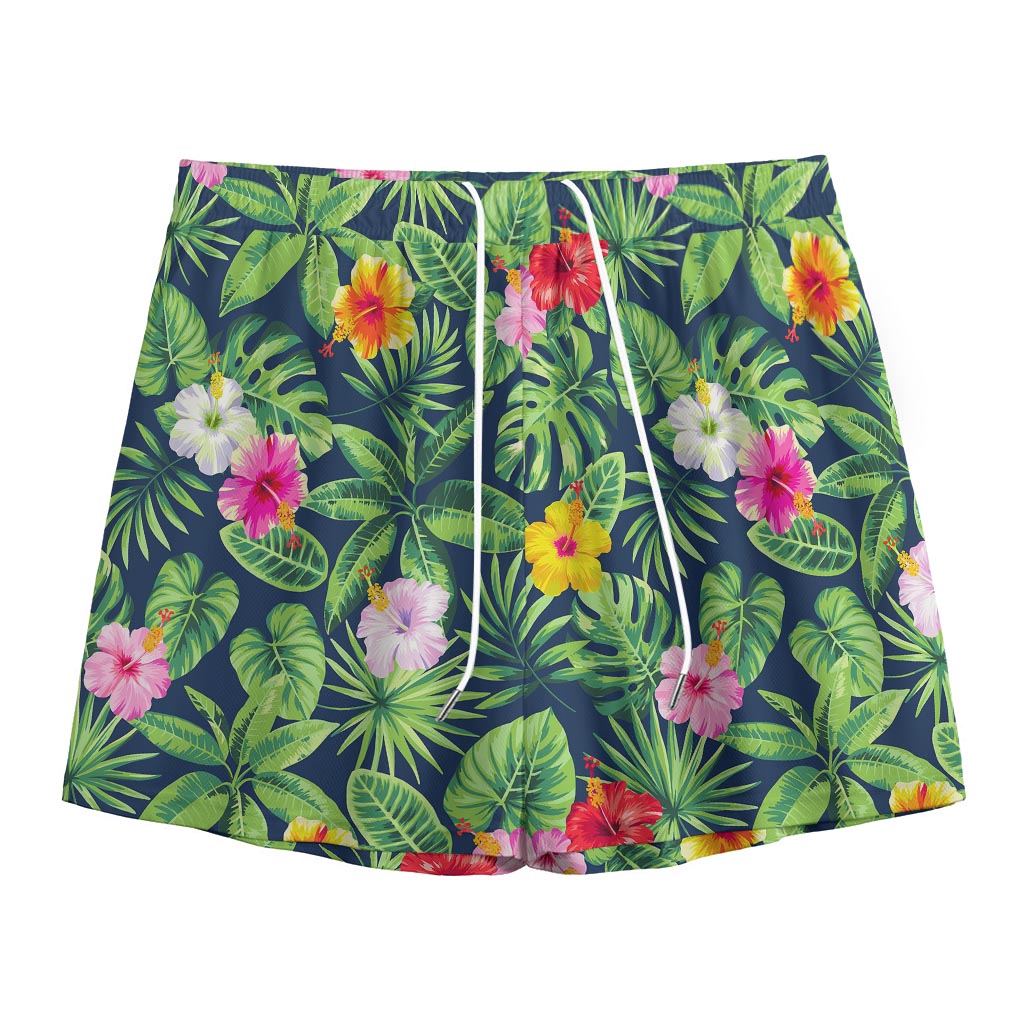 Tropical Hibiscus Flowers Pattern Print Mesh Shorts