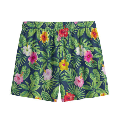 Tropical Hibiscus Flowers Pattern Print Mesh Shorts