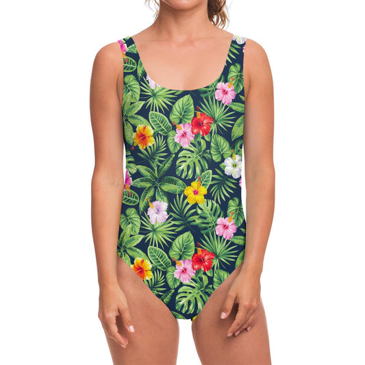 Tropical Hibiscus Flowers Pattern Print One Piece Swimsuit