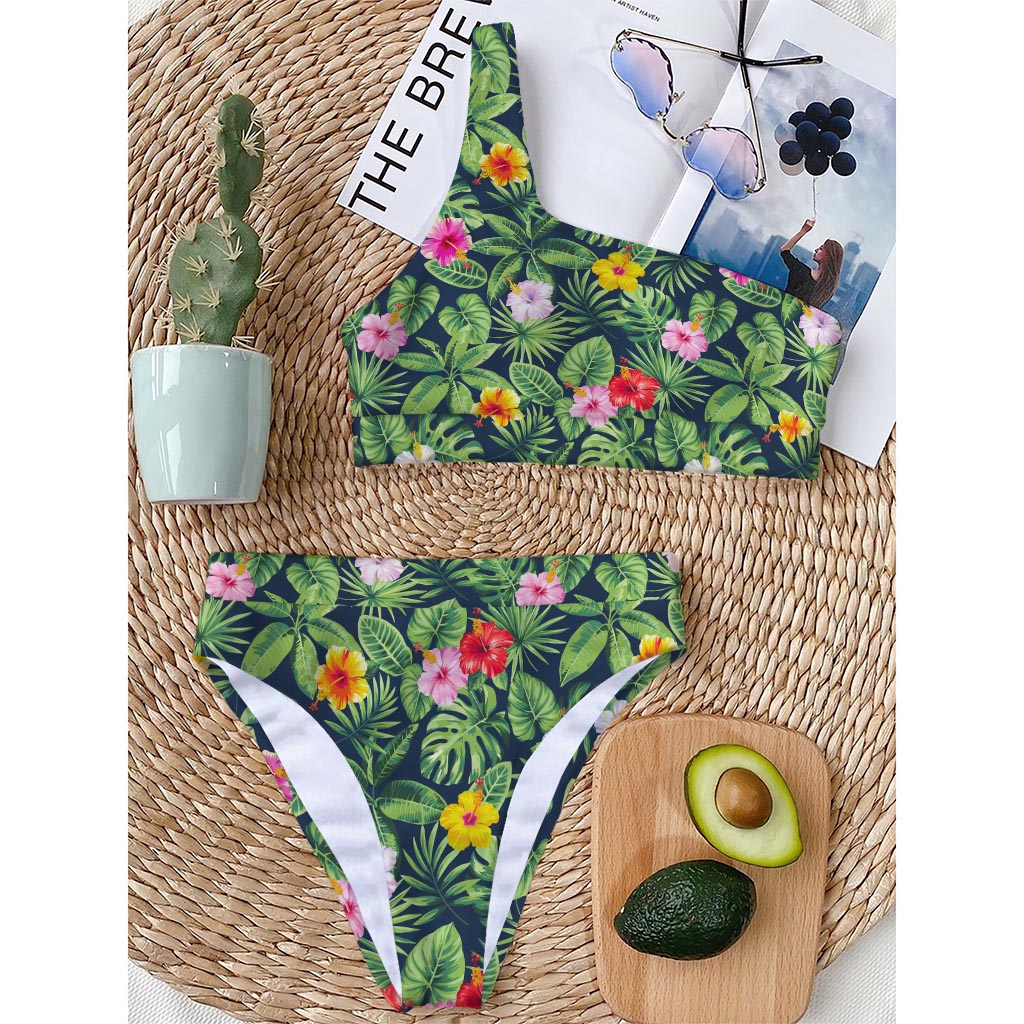 Tropical Hibiscus Flowers Pattern Print One Shoulder Bikini Top