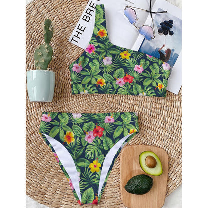 Tropical Hibiscus Flowers Pattern Print One Shoulder Bikini Top