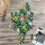 Tropical Hibiscus Flowers Pattern Print One Shoulder Bodysuit