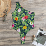Tropical Hibiscus Flowers Pattern Print One Shoulder Bodysuit