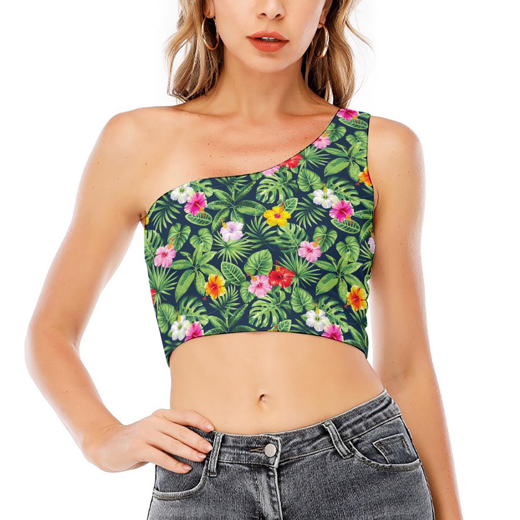 Tropical Hibiscus Flowers Pattern Print One Shoulder Crop Top