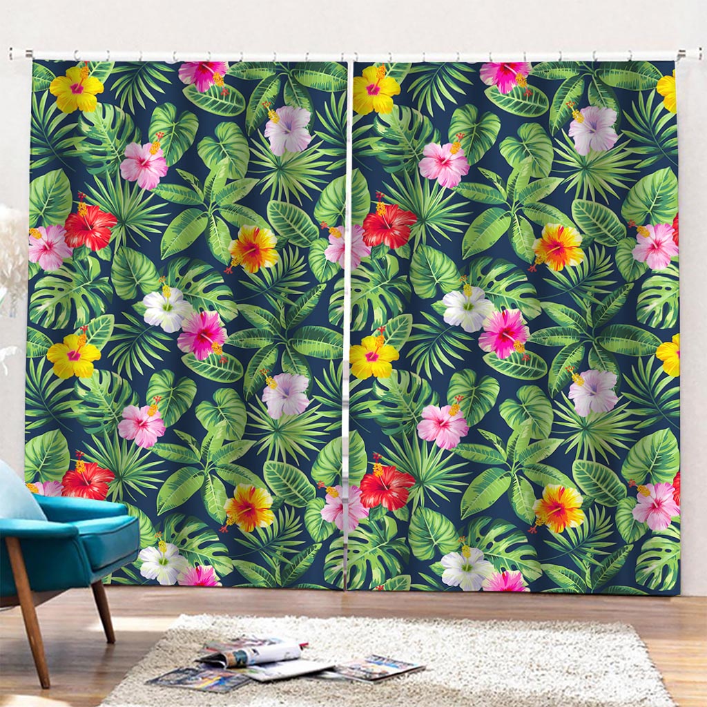 Tropical Hibiscus Flowers Pattern Print Pencil Pleat Curtains