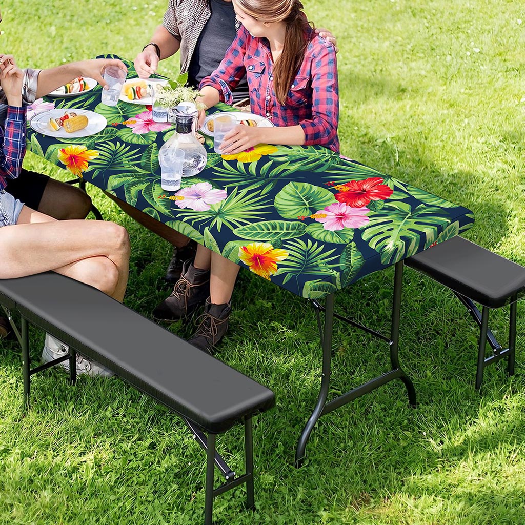 Tropical Hibiscus Flowers Pattern Print Picnic Table Cover