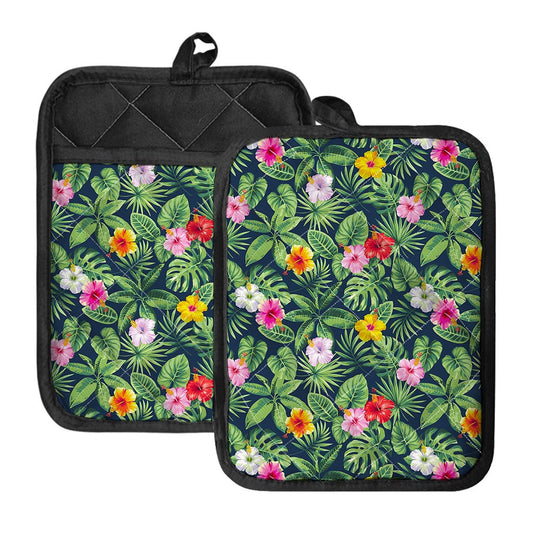 Tropical Hibiscus Flowers Pattern Print Pot Holders With Pocket