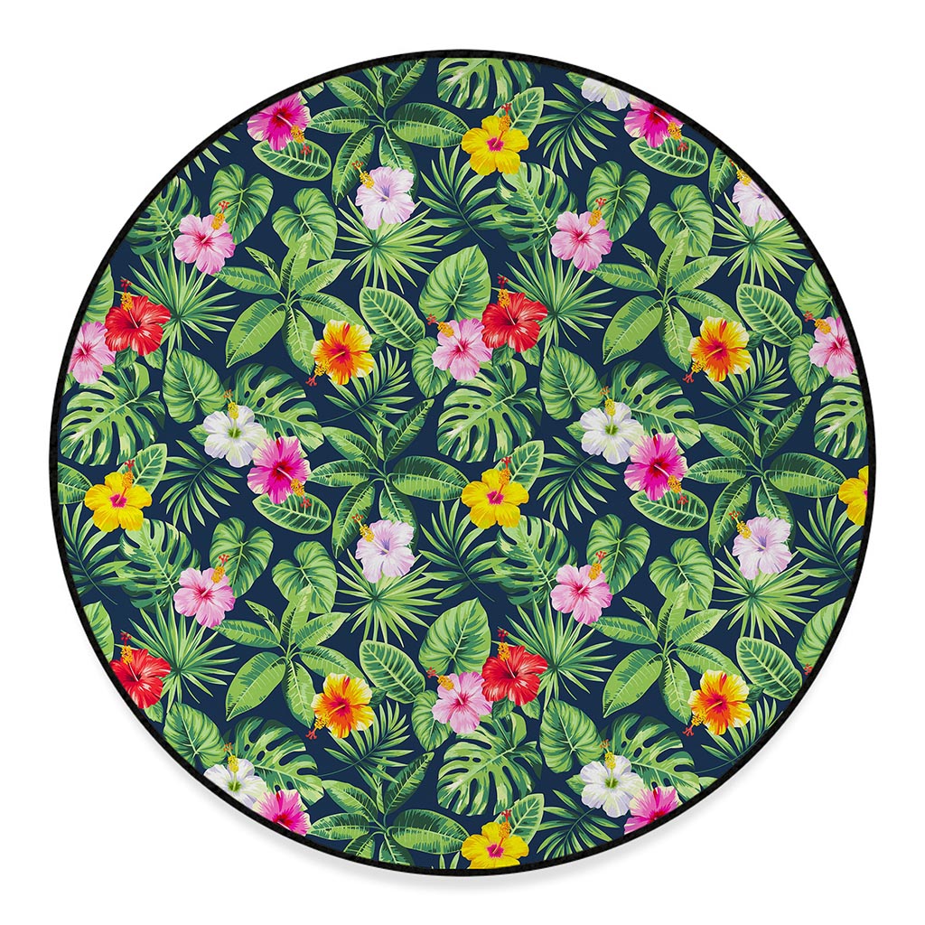 Tropical Hibiscus Flowers Pattern Print Round Floor Mat
