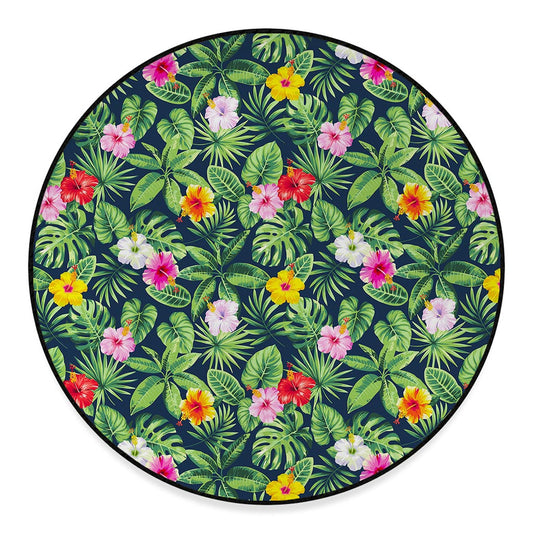 Tropical Hibiscus Flowers Pattern Print Round Floor Mat