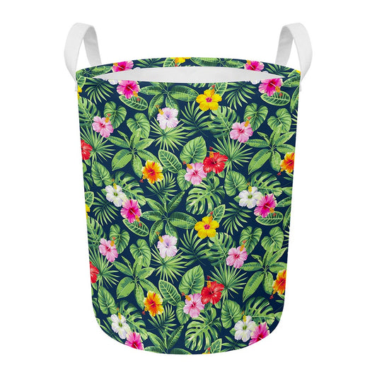 Tropical Hibiscus Flowers Pattern Print Round Laundry Basket