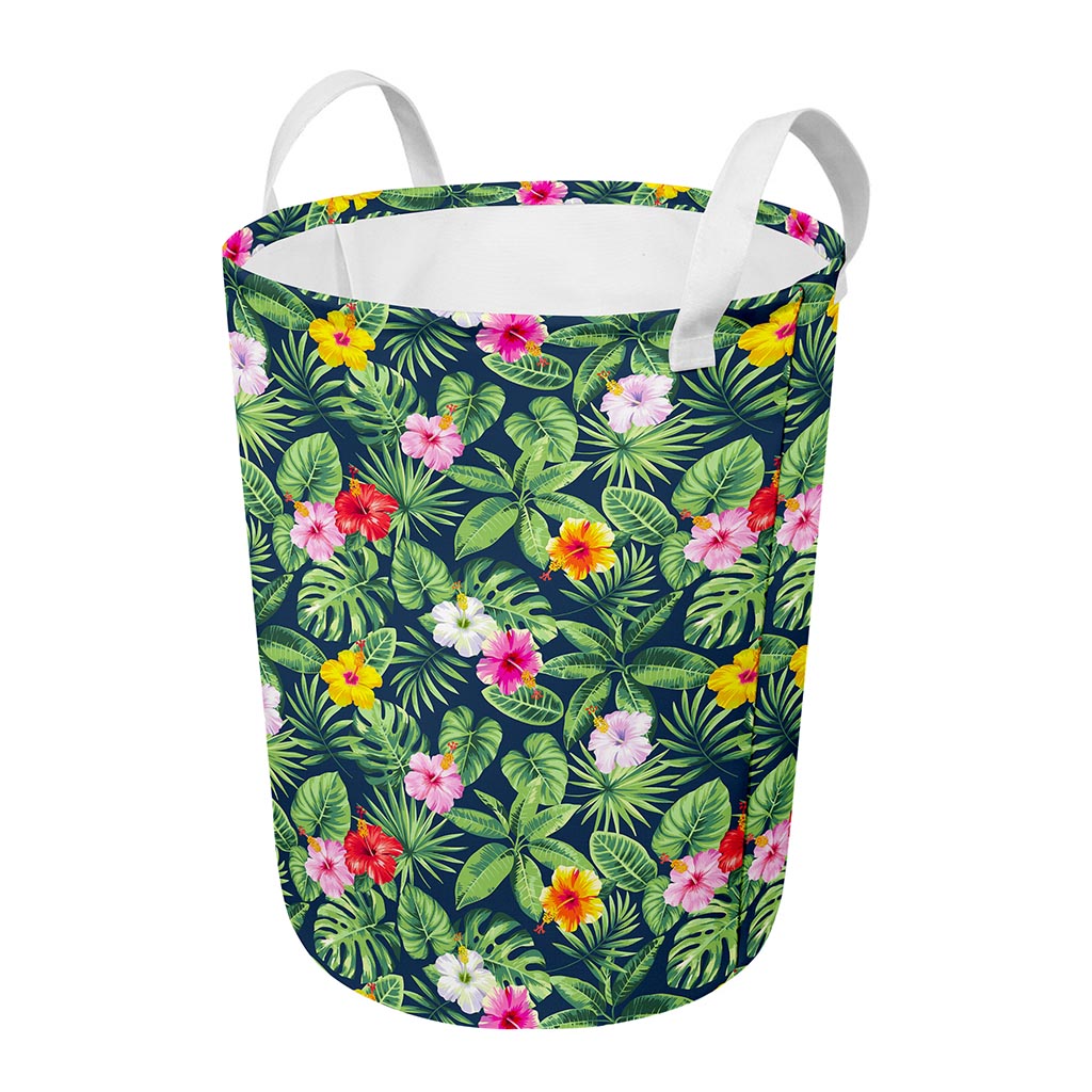 Tropical Hibiscus Flowers Pattern Print Round Laundry Basket