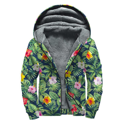 Tropical Hibiscus Flowers Pattern Print Sherpa Lined Zip Up Hoodie