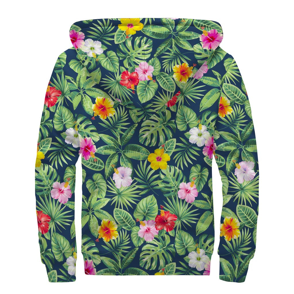 Tropical Hibiscus Flowers Pattern Print Sherpa Lined Zip Up Hoodie