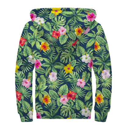 Tropical Hibiscus Flowers Pattern Print Sherpa Lined Zip Up Hoodie