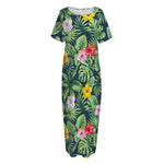 Tropical Hibiscus Flowers Pattern Print Short Sleeve Long Nightdress
