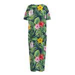 Tropical Hibiscus Flowers Pattern Print Short Sleeve Long Nightdress