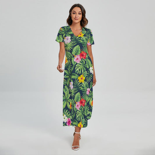 Tropical Hibiscus Flowers Pattern Print Short Sleeve Maxi Dress