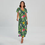Tropical Hibiscus Flowers Pattern Print Short Sleeve Maxi Dress