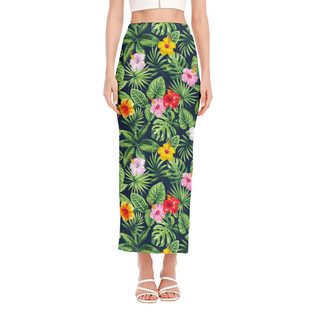 Tropical Hibiscus Flowers Pattern Print Side Slit Maxi Skirt