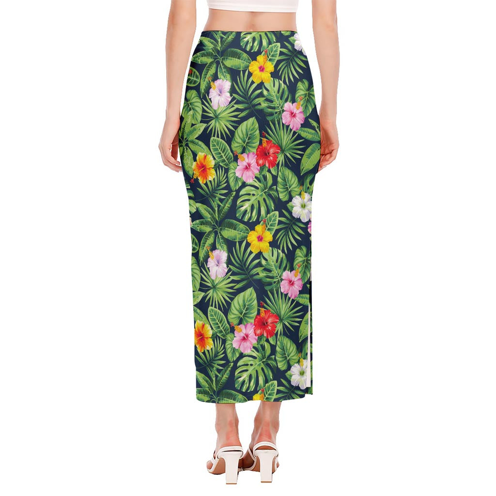 Tropical Hibiscus Flowers Pattern Print Side Slit Maxi Skirt