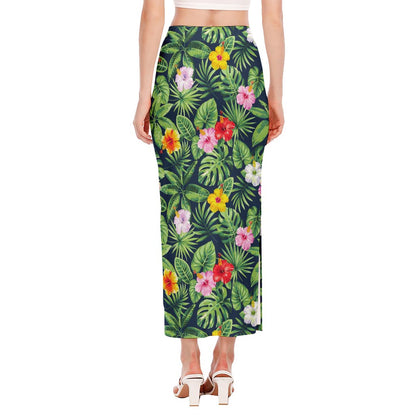 Tropical Hibiscus Flowers Pattern Print Side Slit Maxi Skirt