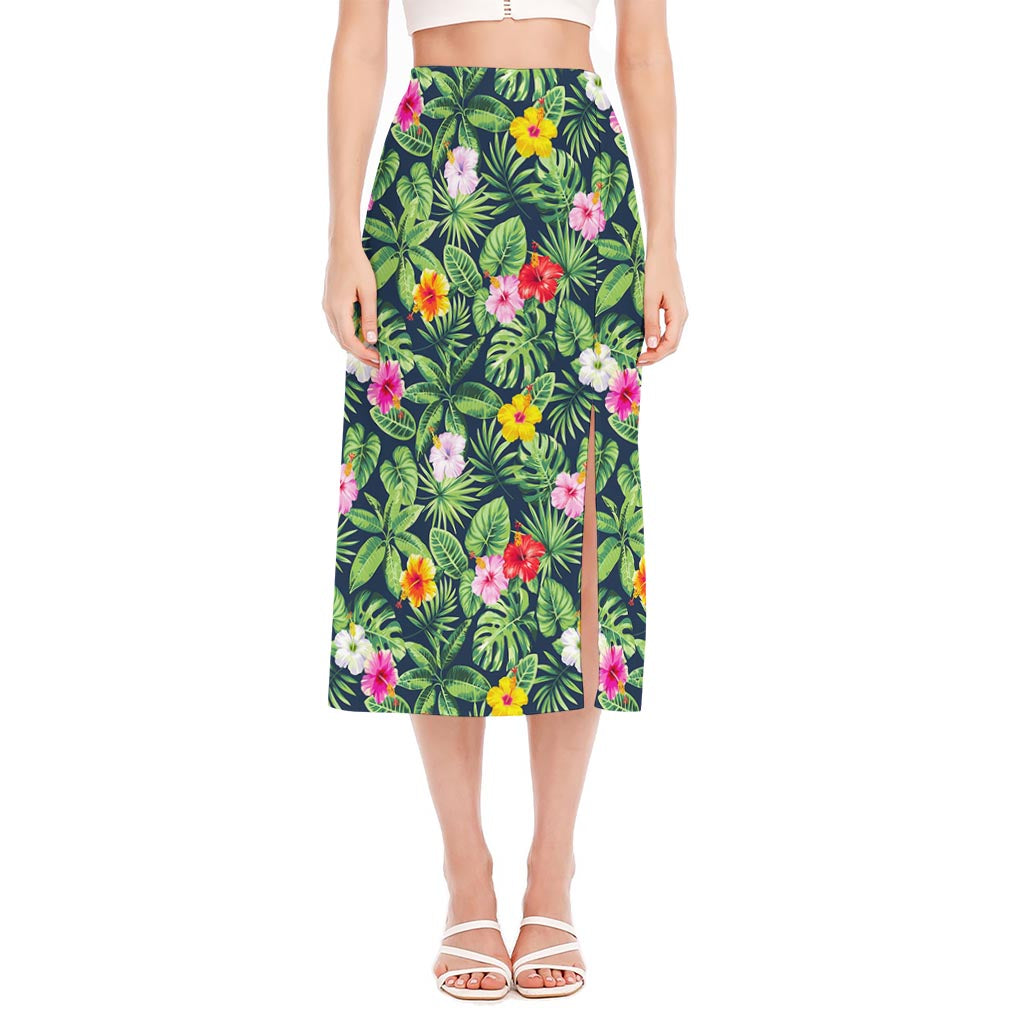 Tropical Hibiscus Flowers Pattern Print Side Slit Midi Skirt