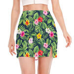 Tropical Hibiscus Flowers Pattern Print Side Slit Mini Skirt