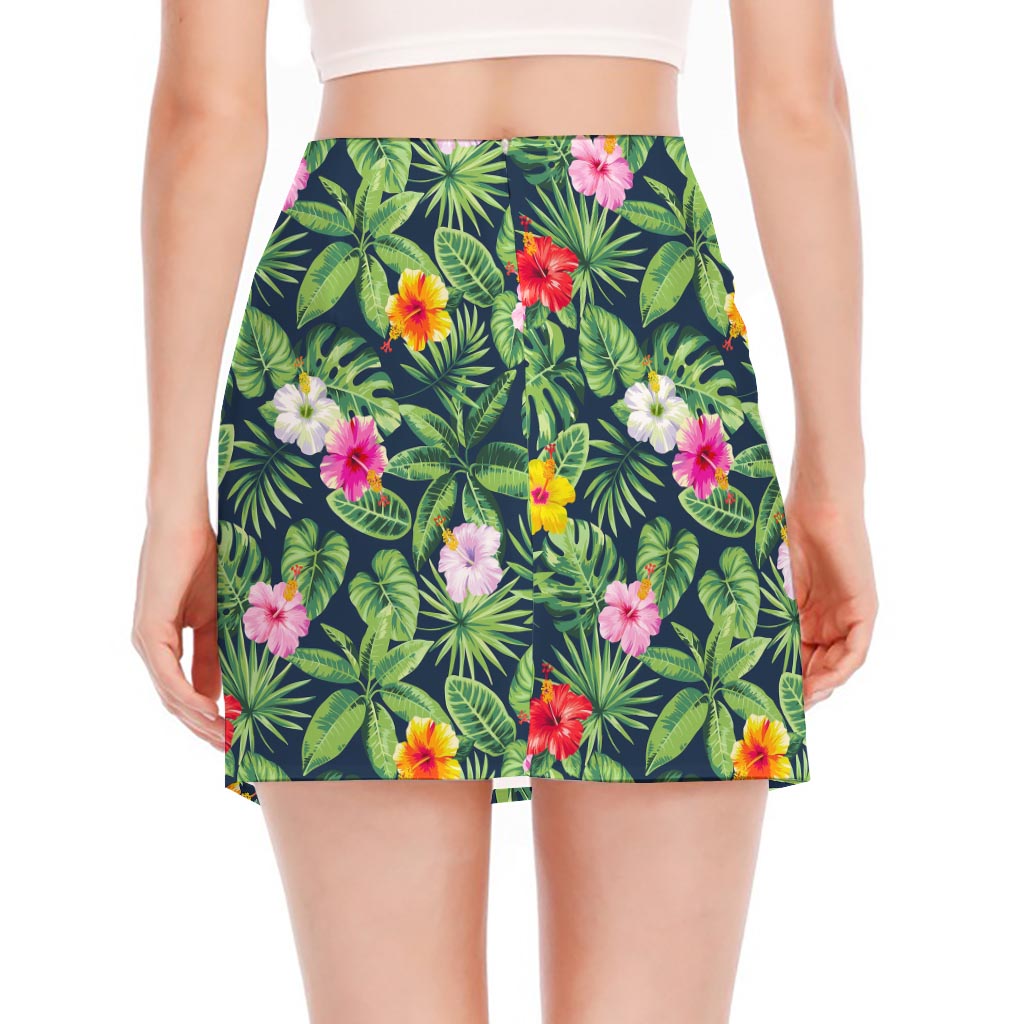 Tropical Hibiscus Flowers Pattern Print Side Slit Mini Skirt