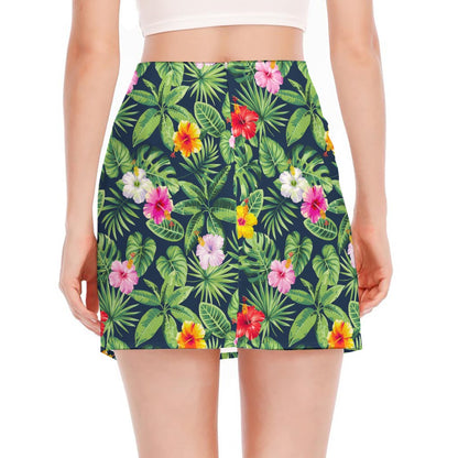 Tropical Hibiscus Flowers Pattern Print Side Slit Mini Skirt