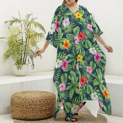 Tropical Hibiscus Flowers Pattern Print Silk V-Neck Kaftan Dress