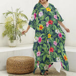Tropical Hibiscus Flowers Pattern Print Silk V-Neck Kaftan Dress