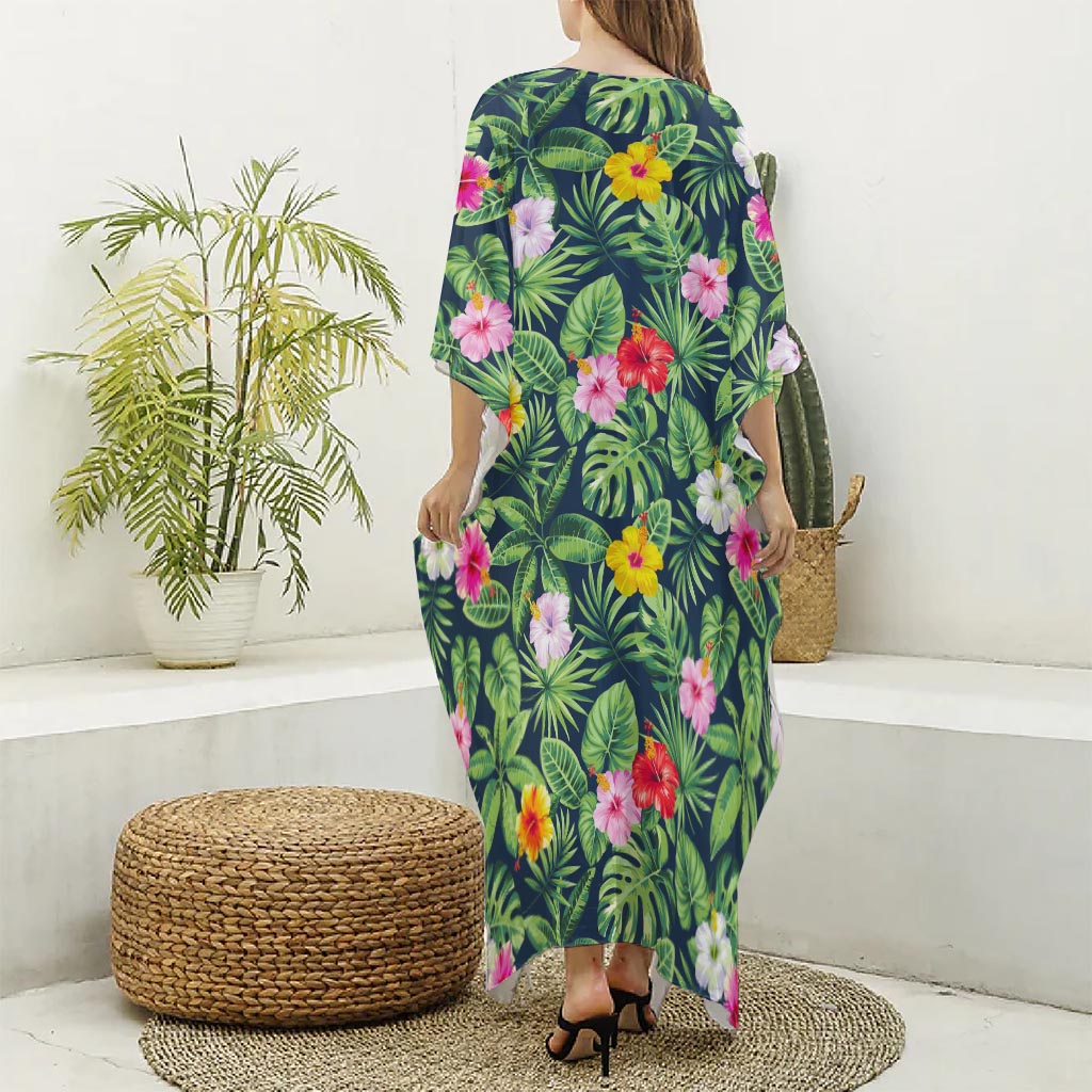 Tropical Hibiscus Flowers Pattern Print Silk V-Neck Kaftan Dress