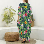 Tropical Hibiscus Flowers Pattern Print Silk V-Neck Kaftan Dress