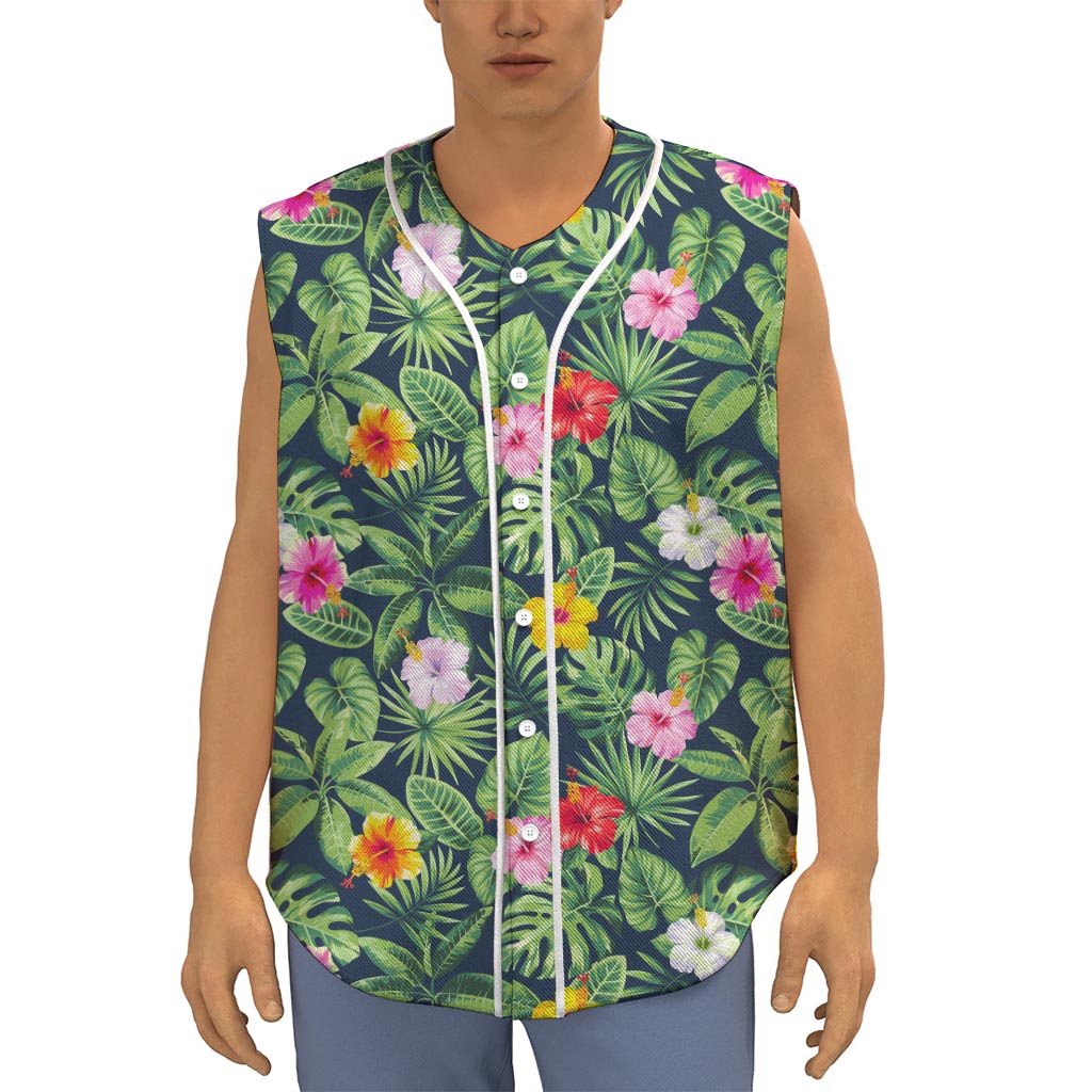 Tropical Hibiscus Flowers Pattern Print Sleeveless Baseball Jersey