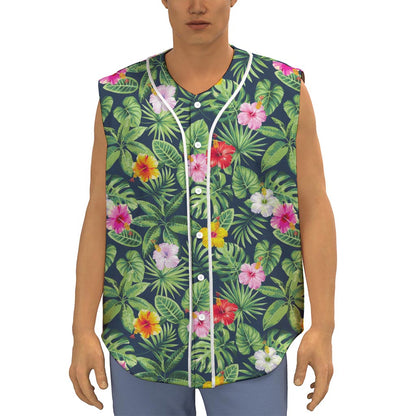 Tropical Hibiscus Flowers Pattern Print Sleeveless Baseball Jersey