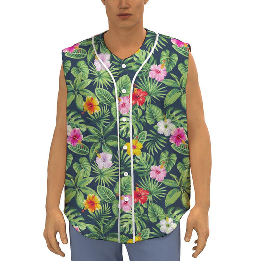 Tropical Hibiscus Flowers Pattern Print Sleeveless Baseball Jersey