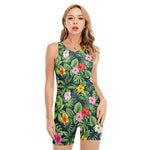 Tropical Hibiscus Flowers Pattern Print Sleeveless One Piece Swimsuit