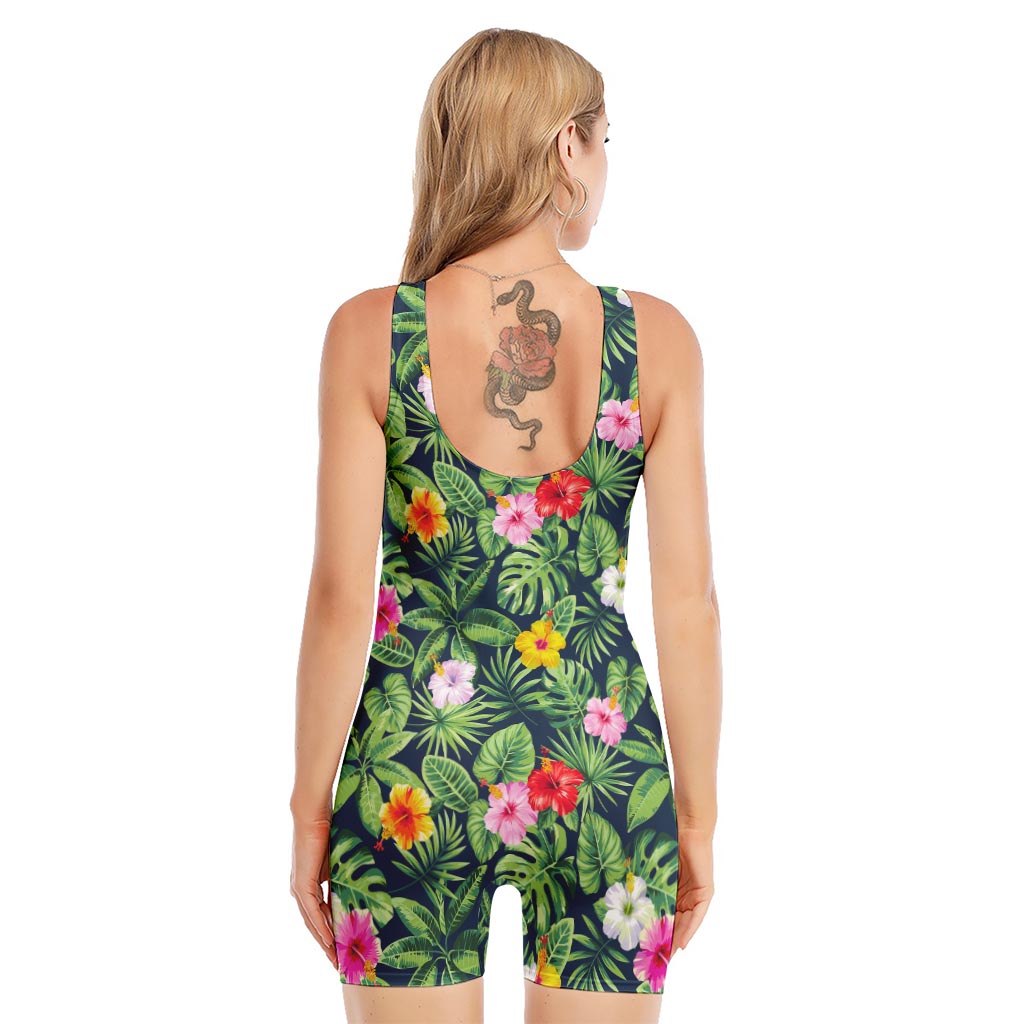 Tropical Hibiscus Flowers Pattern Print Sleeveless One Piece Swimsuit