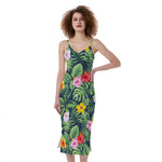 Tropical Hibiscus Flowers Pattern Print Slim Fit Midi Cami Dress