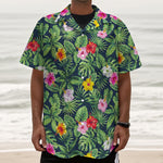 Tropical Hibiscus Flowers Pattern Print Textured Short Sleeve Shirt