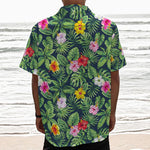 Tropical Hibiscus Flowers Pattern Print Textured Short Sleeve Shirt